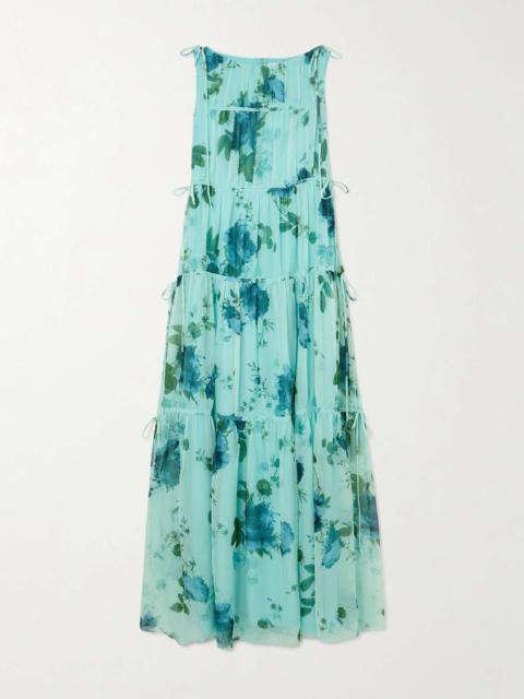 Tie-detailed tiered floral-print silk crepe de chine maxi dress