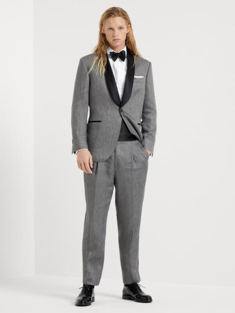 Brunello Cucinelli Délavé linen satin tuxedo with shawl lapel jacket and pleated trousers