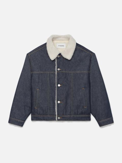 FRAME Oversized Shearling Denim Jacket in Fort Bay