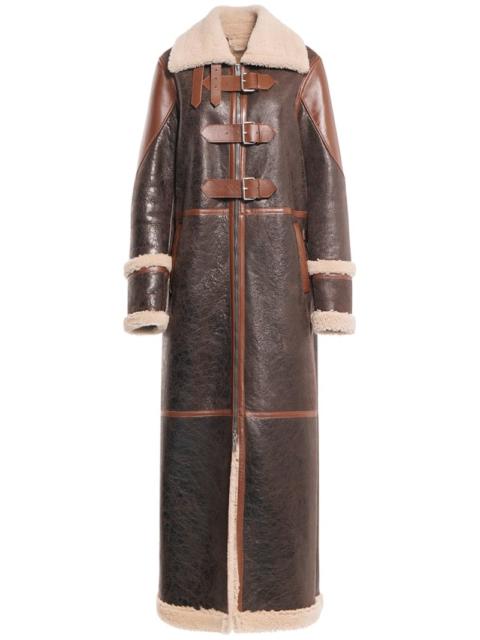 Blumarine Leather shearling long coat w/ buckles