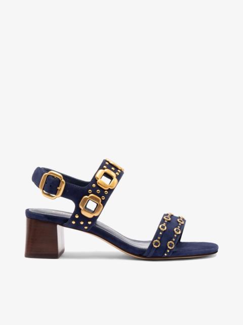 Larroudé Milan Studs Block Sandal In Navy Suede