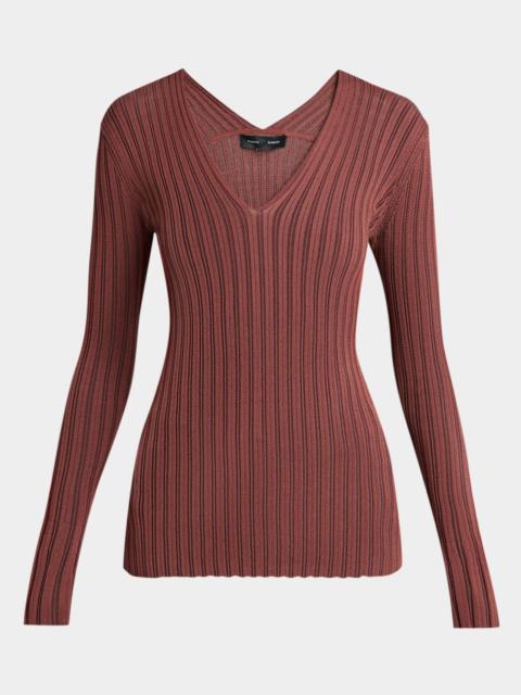 Proenza Schouler Roux V-Neck Silk-Blend Rib Long-Sleeve Top