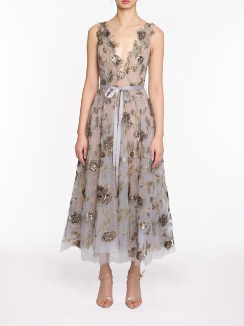 Marchesa SLEEVELESS EMBROIDERED TULLE MIDI DRESS