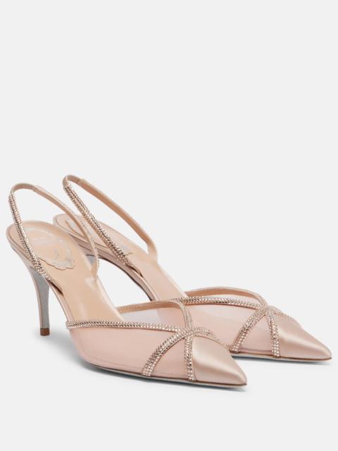 RENE CAOVILLA Embellished satin and mesh slingback pumps