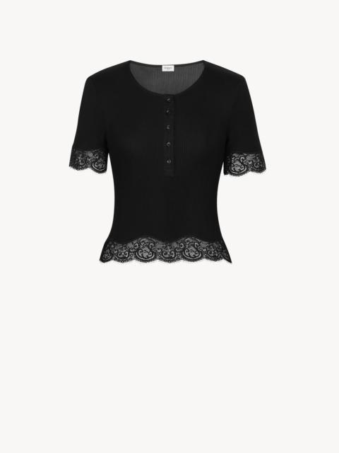 SAINT LAURENT LACED T-SHIRT IN RIBBED SILK JERSEY