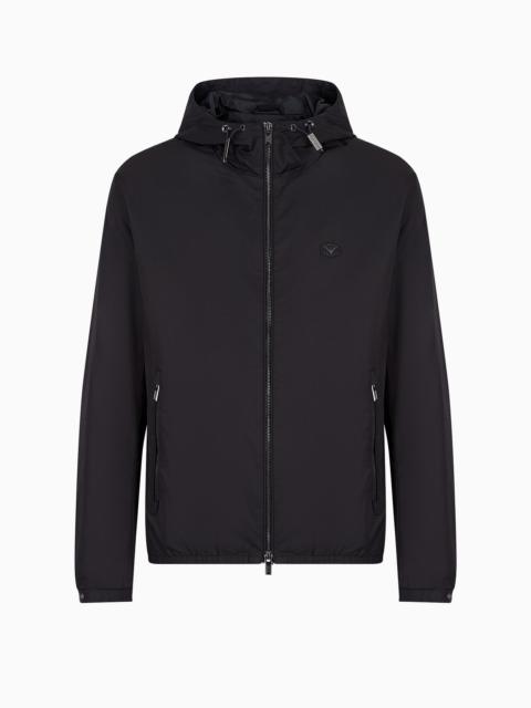 Hooded, water-repellent nylon blouson with logo patch