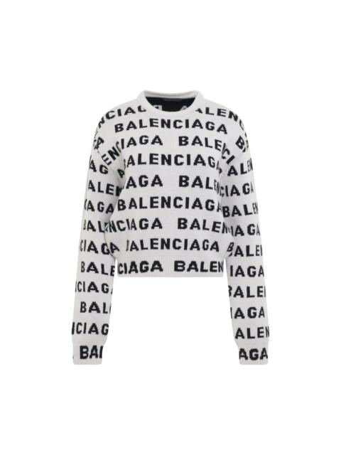 BALENCIAGA Allover Logo Horizontal Cropped Sweater in White