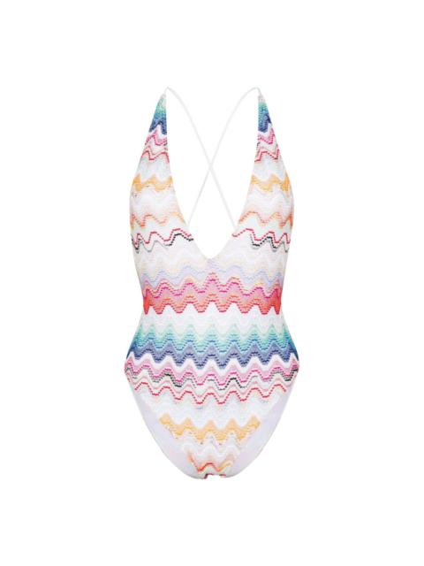 wave-pattern V-neck swimsuit