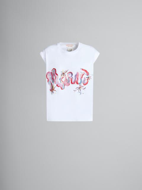 Marni WHITE SLEEVELESS JERSEY T-SHIRT WITH MARNI WHIRL PRINT