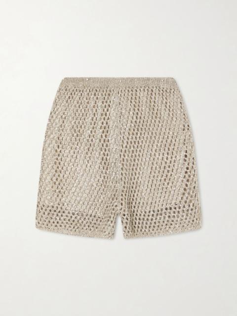 Brunello Cucinelli Sequined crocheted cotton mini shorts Silver