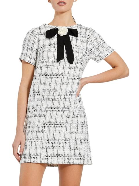 MAC DUGGAL Women's Short Sleeve High Neck Bouclé Minidress With Bow - Ivory