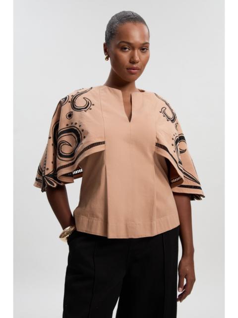 KAREN MILLEN Plus Size Baroque Embroidered Cape Sleeve Woven Twill Top