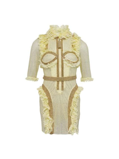self-portrait Yellow Rhinestone Mesh Ruffle Mini Dress
