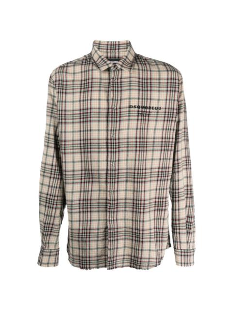 logo-embroidered plaid-check virgin wool shirt