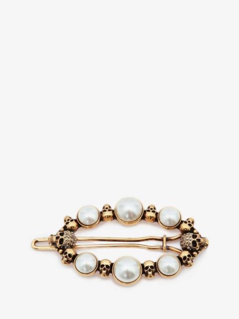 Alexander McQueen Pearly Skull Hair Clip in Antique Gold