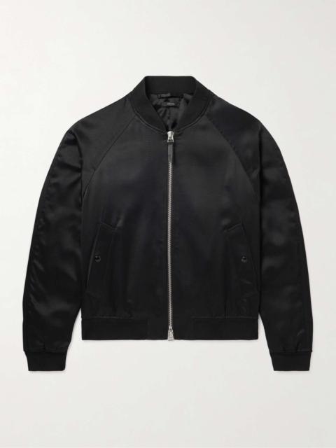 Leather-Trimmed Satin Bomber Jacket