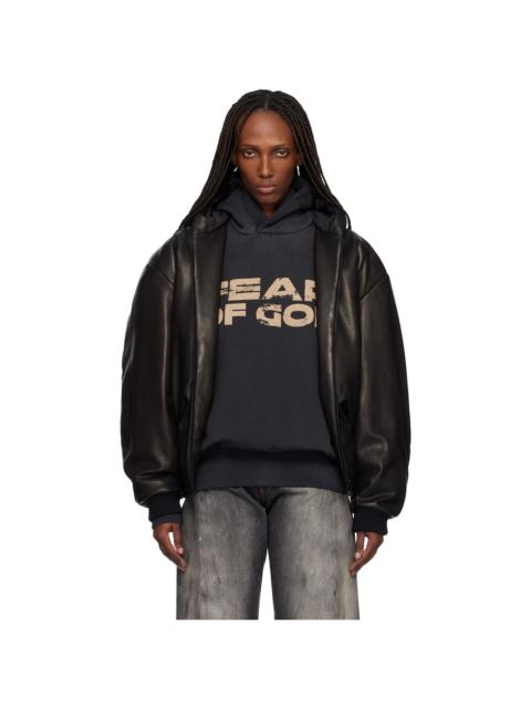 Fear of God Black Hooded Leather Bomber Jacket