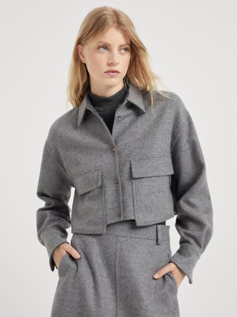 Brunello Cucinelli Virgin wool double cloth cropped shirt-style outerwear jacket with shiny tab