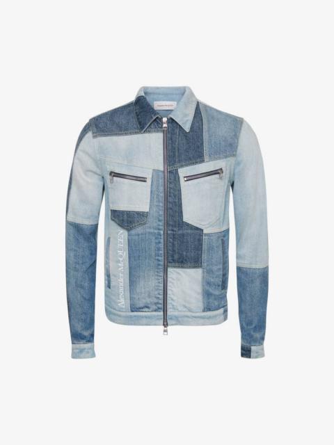 Alexander McQueen Men's Patchwork Denim Jacket in Washed Blue