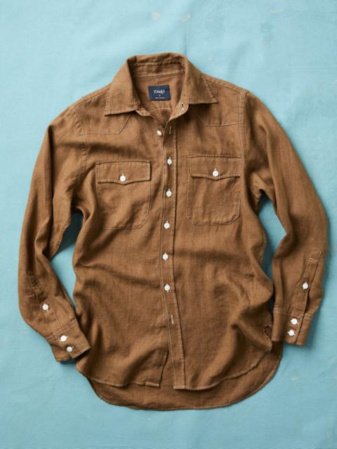 Drake's Brown Linen Two-Pocket Western Shirt