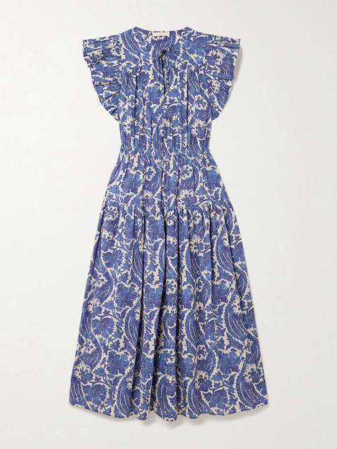 ULLA JOHNSON Kairi ruffled tiered floral-print cotton-blend midi dress Blue