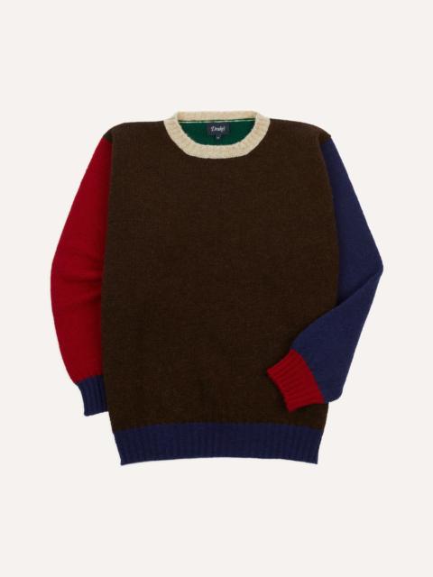 Drake's Brown Multi Colourblock Brushed Shetland Crew Neck Jumper