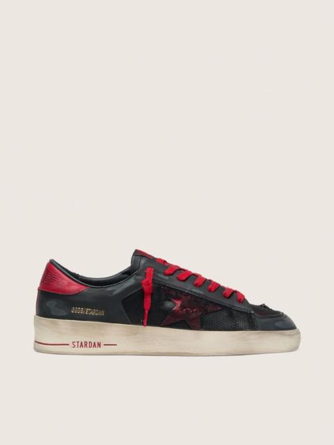 Golden Goose Men’s Stardan in black leather with red star and black mesh and red leather inserts