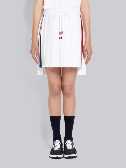 Thom Browne White Stretch Viscose Intarsia Side Stripe Dropped Back Pleated Mini Skirt