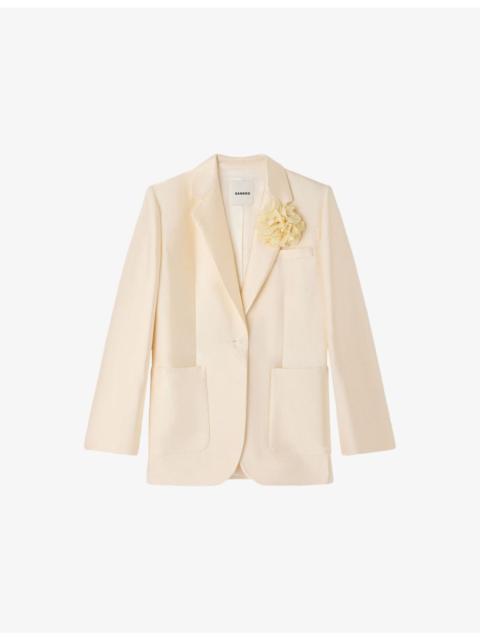 Sandro Flower-Embellished Single-Breasted Satin Blazer