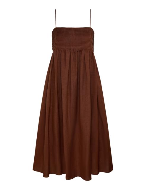 onia Pintuck Linen-Blend Midi Dress brown