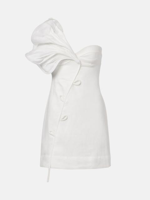 FARM RIO Floral-appliqué linen minidress