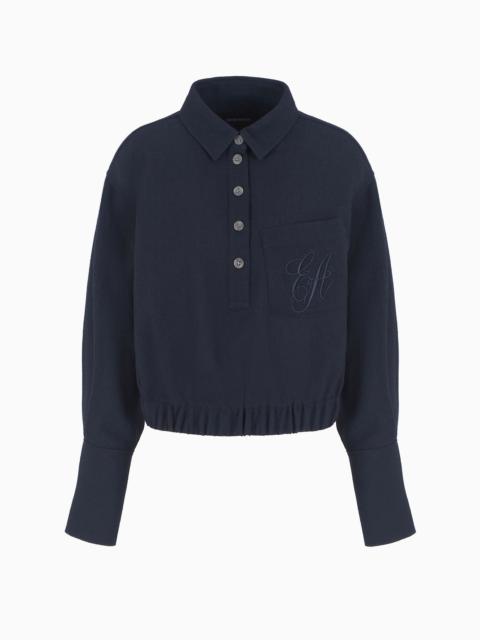 EMPORIO ARMANI Washed wool crêpe shirt with a polo collar and EA signature embroidery