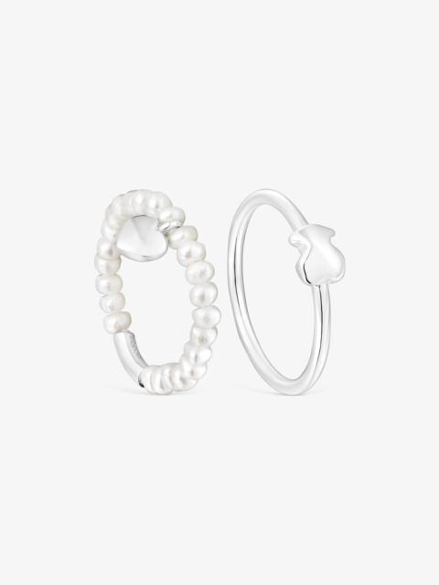 TOUS Silver and cultured pearls Mini Icons heart and bear Ring set