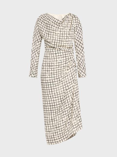 Dries Van Noten Didi Grid-Printed Draped Midi Dress