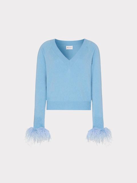 MILLY Feather Cuff V-Neck Sweater