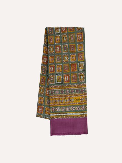 Drake's Purple and Green Medallion Print Tubular Wool Silk Scarf