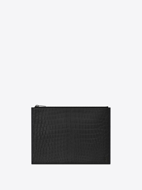 SAINT LAURENT tiny monogram zipped tablet holder in crocodile-embossed leather
