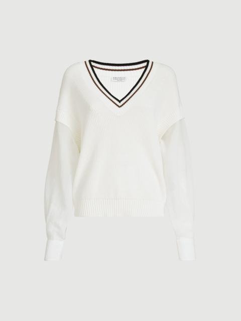 Brunello Cucinelli Cotton English rib sweater with organza sleeves