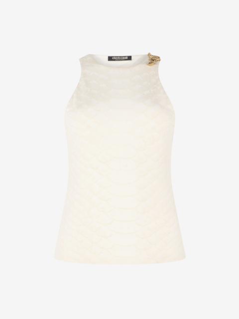 Roberto Cavalli White Sleeveless Top with Snake and Scale Print