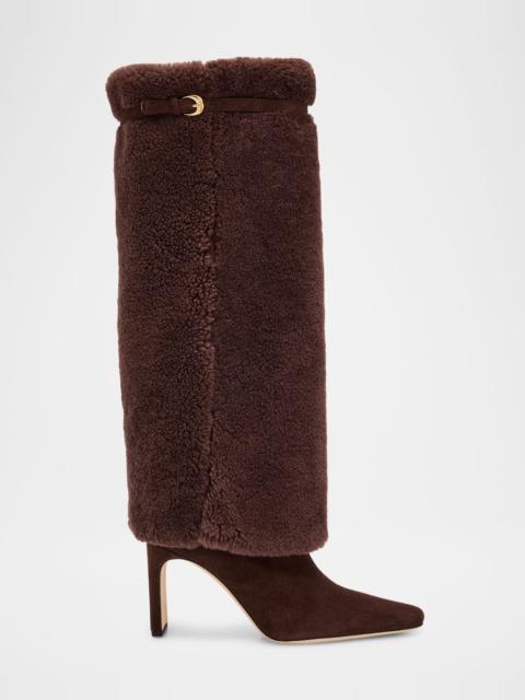 STAUD 90mm Wally Shearling Foldover Suede Knee-High Boots