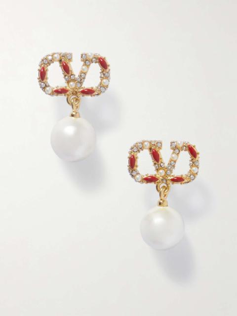 Valentino VLOGO gold-tone, enamel, crystal and faux pearl earrings.