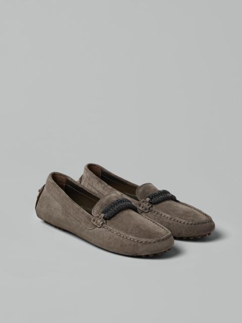 Suede driving shoes with precious braided detail