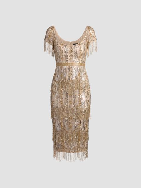 MAC DUGGAL Women's Fringed Beaded Sheath Midi Dress - Light Gold