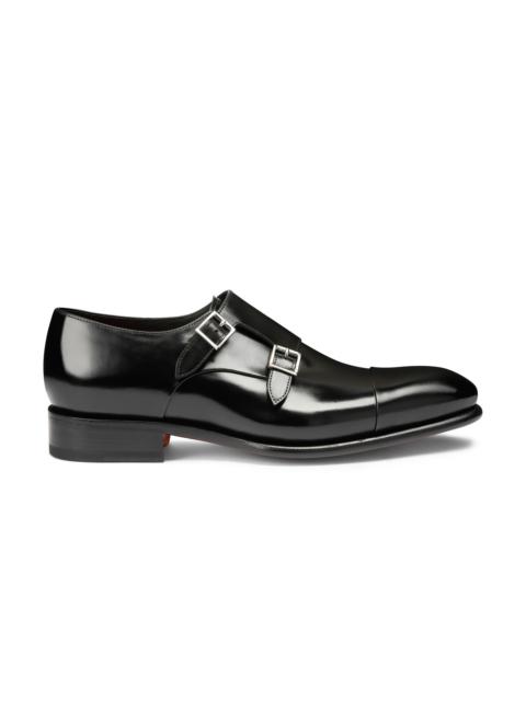 Santoni Men's polished black leather double-buckle shoe
