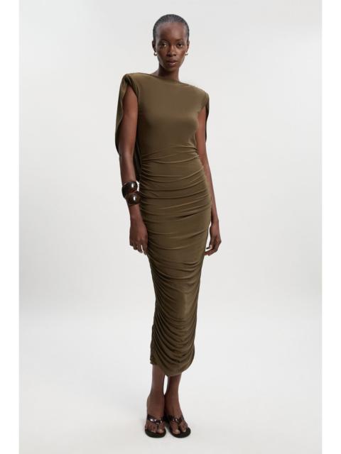 KAREN MILLEN Stretch Drapey Crepe Ruched Plunge Back Detail Midi Dress