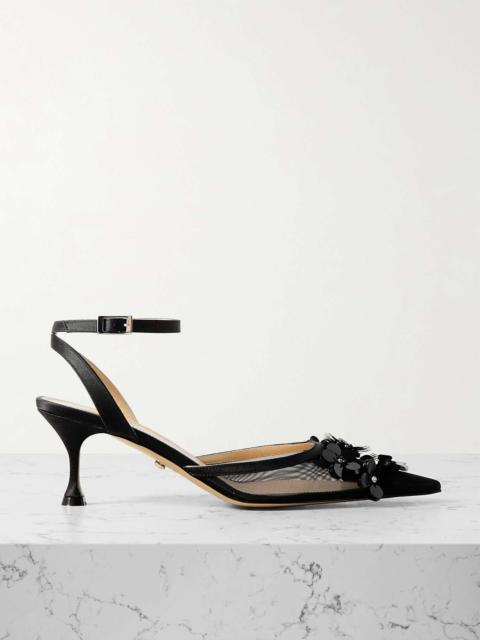 MACH & MACH Satin-trimmed embellished mesh pumps