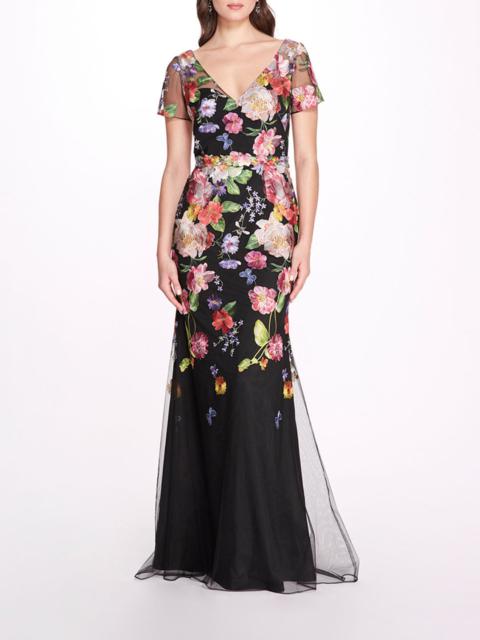 Marchesa EMBROIDERED FLORAL V-NECK GOWN