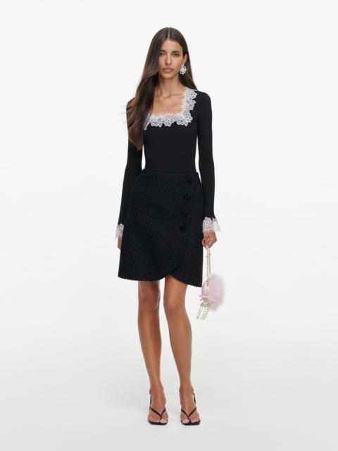 self-portrait Black Lace Trim Rib Knit Bodysuit