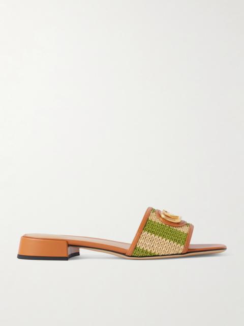 Valentino Vlogo Embellished Leather-trimmed Striped Raffia Slides