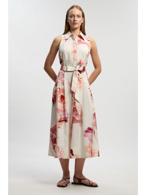 KAREN MILLEN Premium Viscose Linen Floral Top Stitch Halter Neck Woven Midi Dress With D Ring Detail